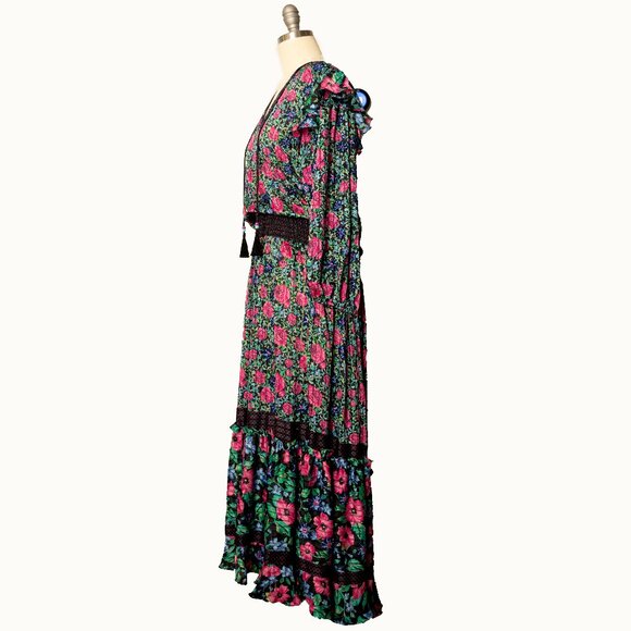 Diane Freis Beaded Floral Ruffle Polka-Dot Peasant Tassel Tiered Retro Dress - Picture 3 of 6